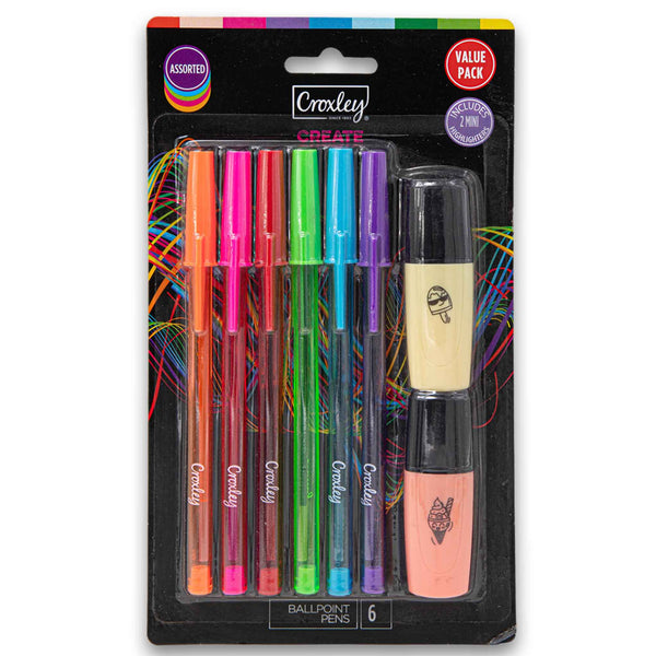 Ballpoint Pens 6 Piece + Mini Highlighters 2 Piece - Assorted Colour