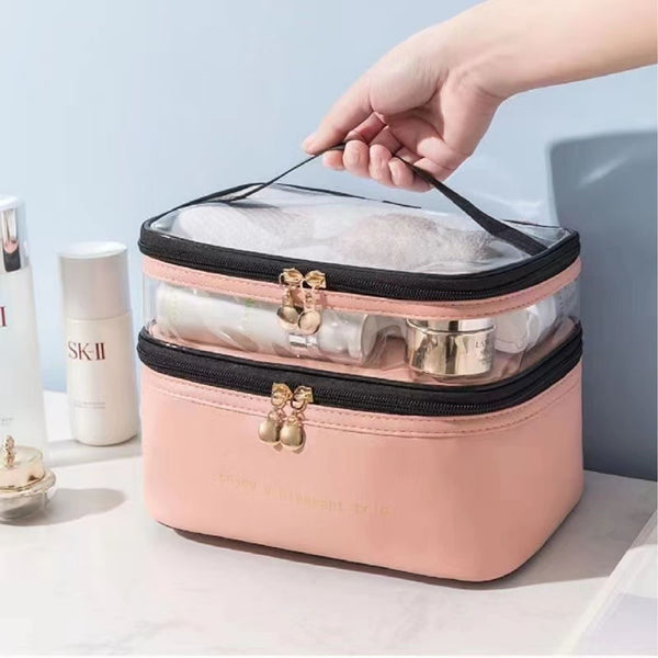 Luxury Leather Double-Layer Travel Cosmetic Bag - Assorted Colour