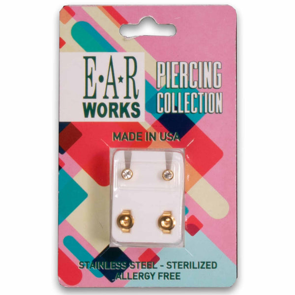 EAR Works, Stainless Steel Gold Plated Earrings - Regular April Crystal Bezel - Cosmetic Connection