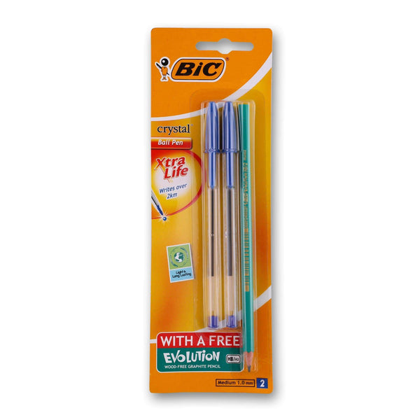 BIC, Crystal Ball Pen Medium 1mm Blue - 2 Pack + Evolution Pencil HB - Cosmetic Connection